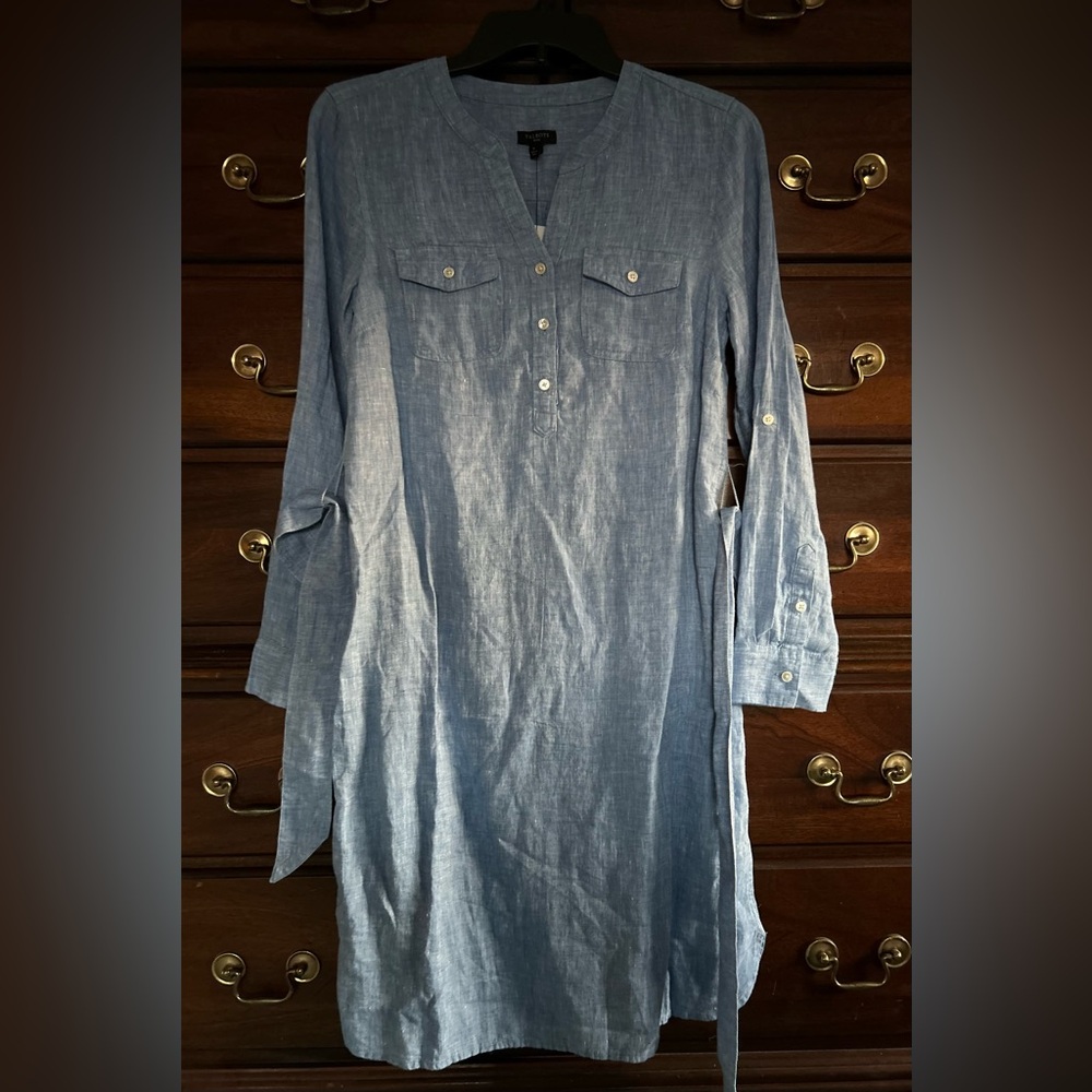 TALBOTS BLUE CROSS HATCH 100% LINEN DRESS